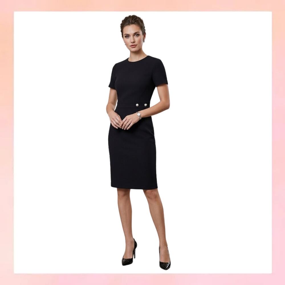 Banana Republic Black Short Sleeve Sheath Dress Petite 4 Button Waist